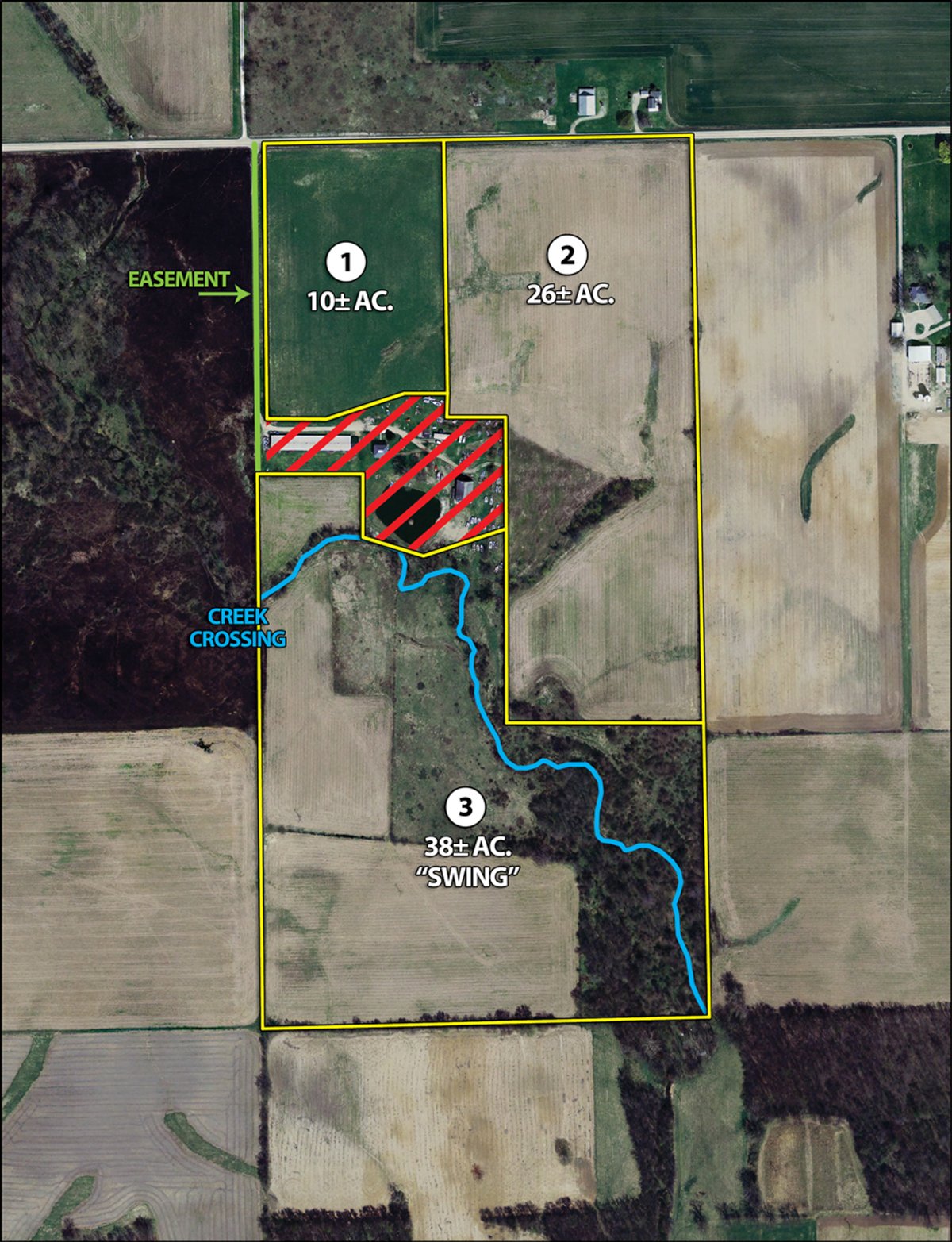 Tract map - 74.45 Acres Offered in 3 Tracts - 55+/- Tillable Acres Per FSA